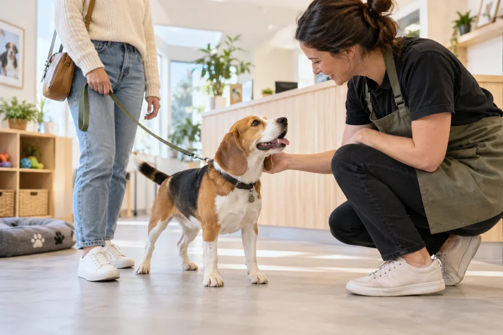 Dog greeting a care professional in a welcoming daycare reception — illustrative image