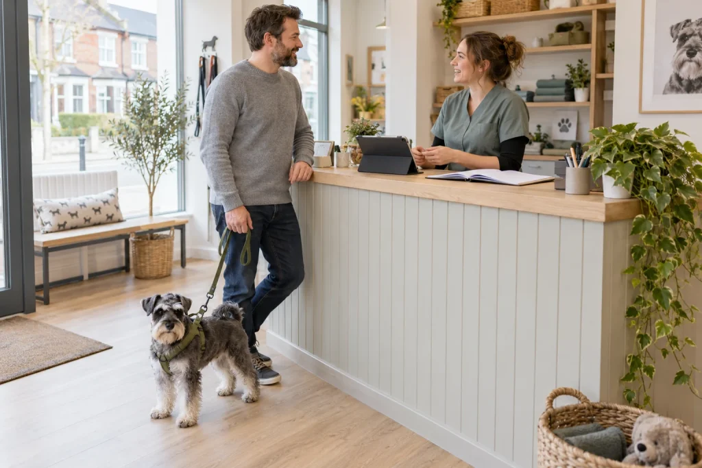 Owner checking a dog care provider with a dog nearby — illustrative image