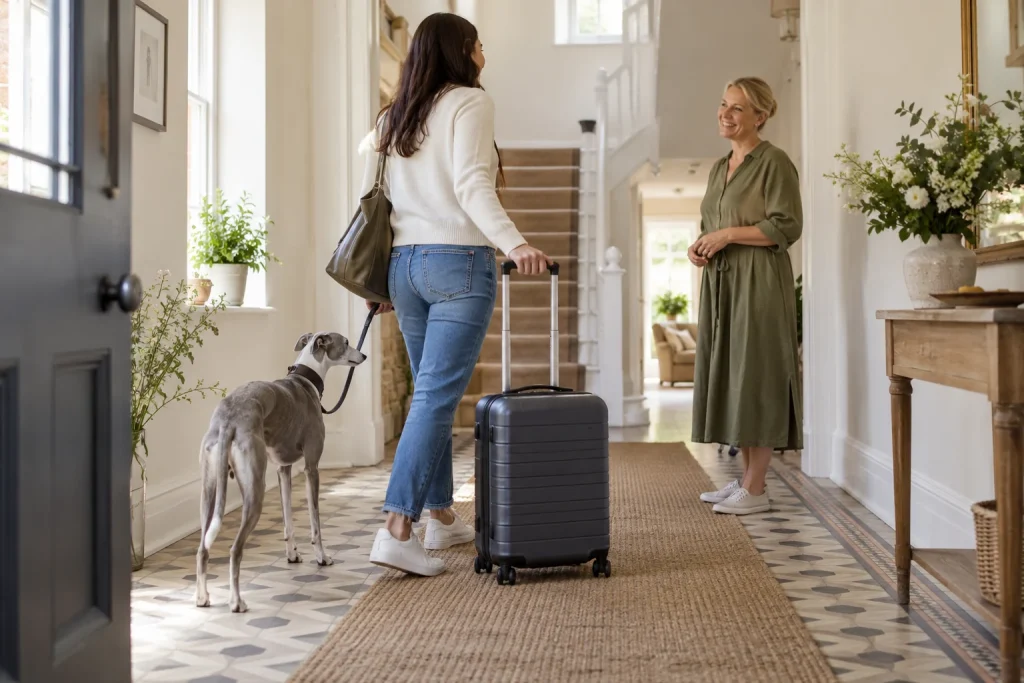 Owner and dog arriving at holiday accommodation with luggage — illustrative image