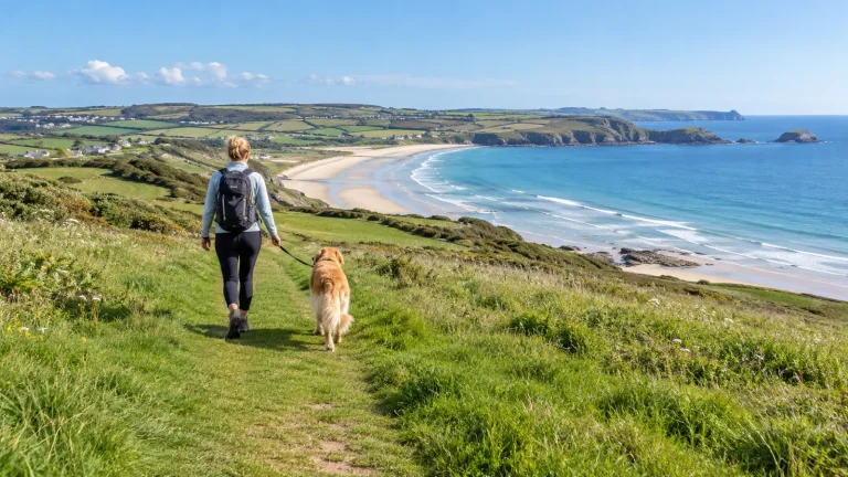 Dog and owner walking along a coastal path above the sea — illustrative image