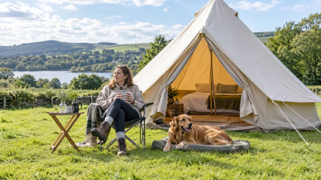 Dog resting outside a bell tent with its owner nearby — illustrative image