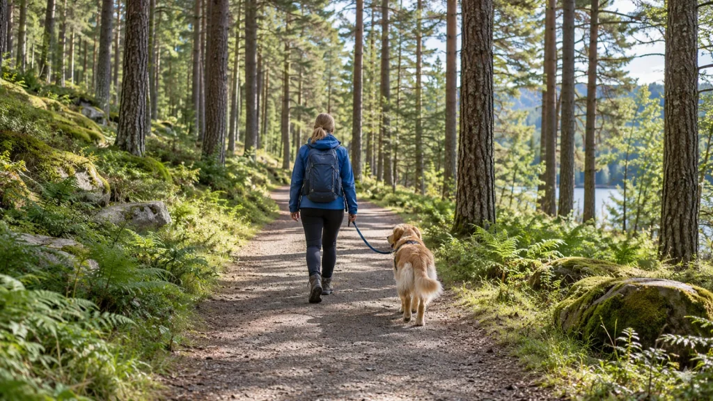 Dog and owner exploring a sunlit woodland trail — illustrative image
