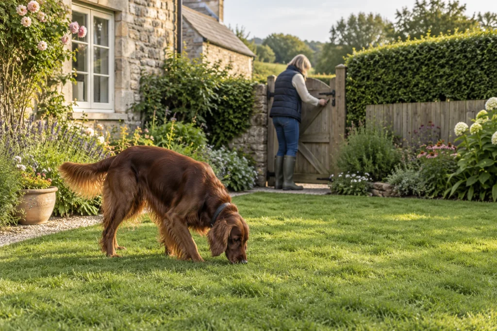 Red setter in a cottage garden while its owner checks the gate — illustrative image