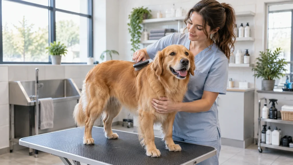 Dog with a care professional in a bright service setting — illustrative image