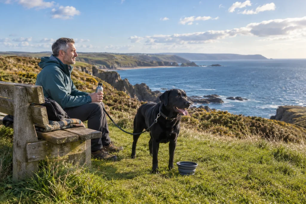 Owner and dog resting with walking supplies on a coastal outing — illustrative image