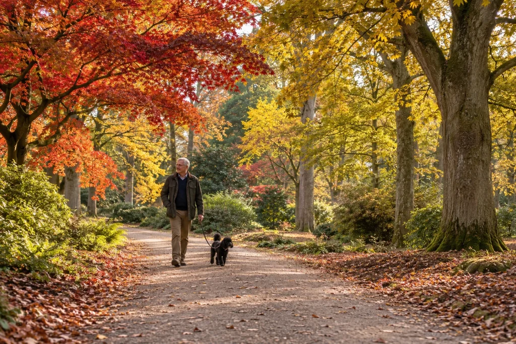 Owner and dog on a lead exploring an autumn tree collection — illustrative image